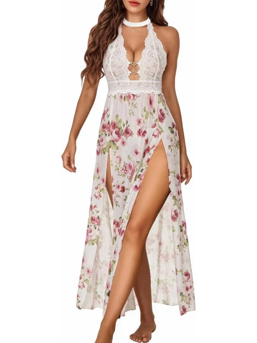 Women White Floral Sexy Halter Neck Nightgown Long Sleepwear 2 pcs Lingerie Set